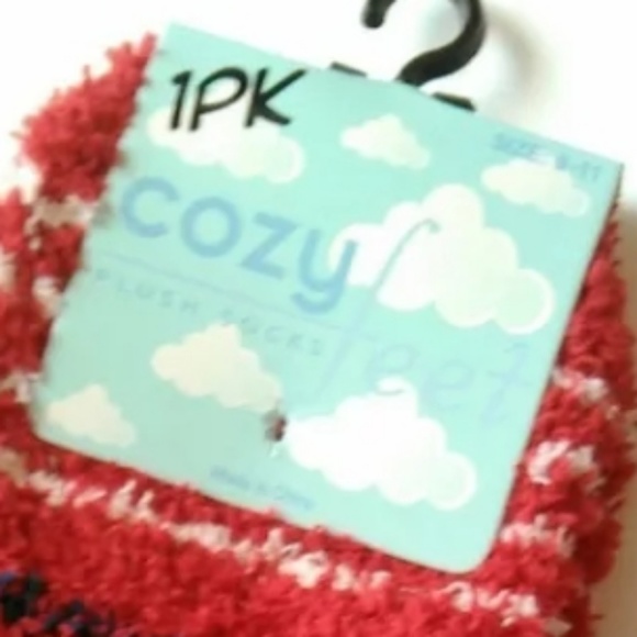 ** Cozy Feet Fuzzy Plush Socks Red Cream Navy Teal - Picture 2 of 8